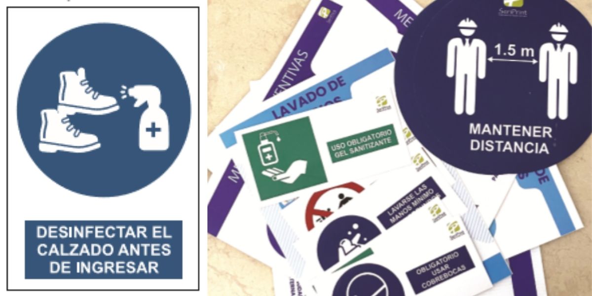 Señalización Covid19 "Desinfectar el Calzado antes de Ingresar", Mantener Distancia"